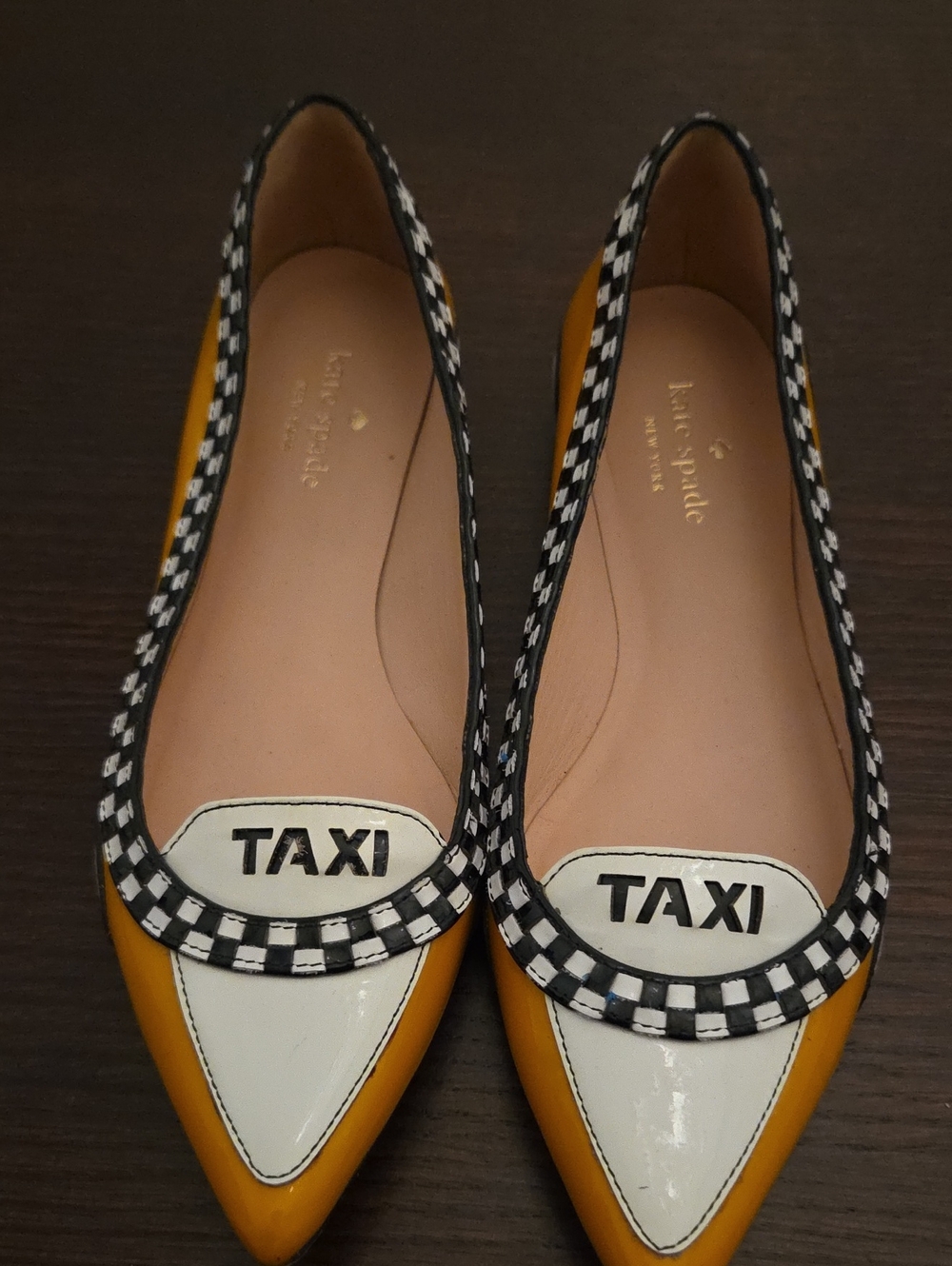 kate spade Yellow & White 'TAXI' Pointed Toe Flats with Check Trim